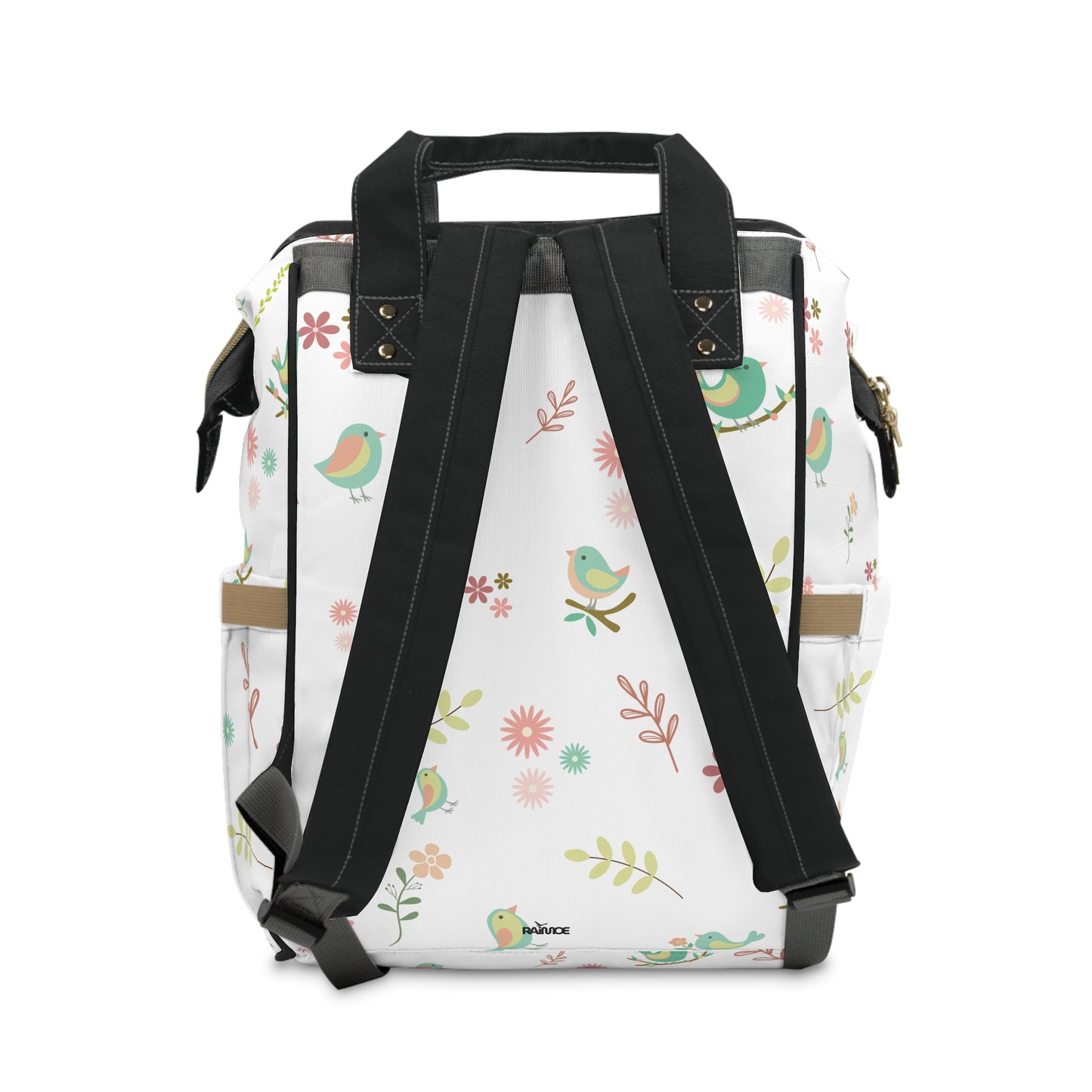 Pastel Bird Diaper Backpack - Black Strap