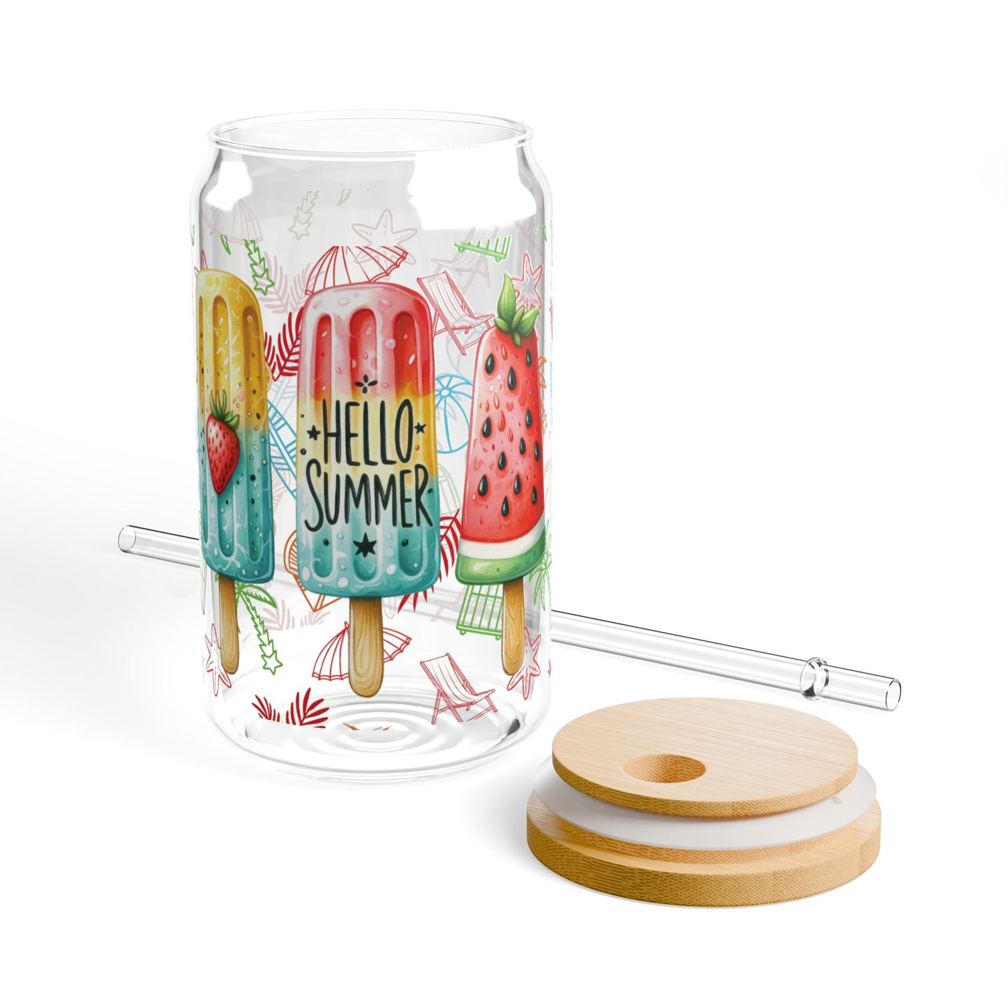 Hello Summer Sipper Glass Cup with Lid - 16 oz