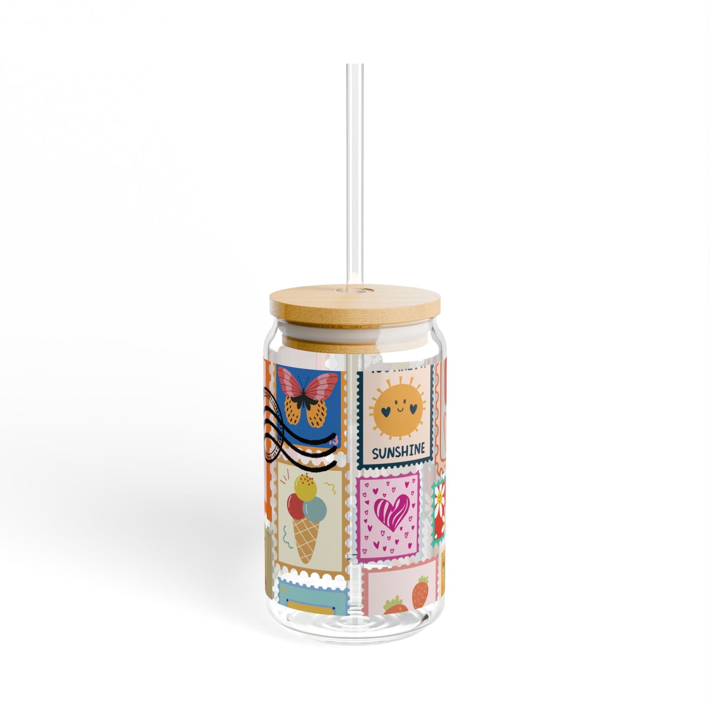 Cute Stamp Design Sipper Glass Cup with Lid - 16 oz