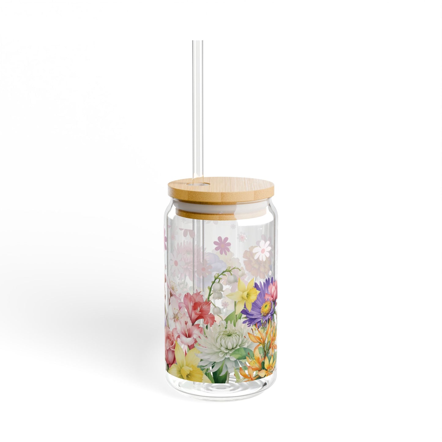 Mixed Flower Arrangement Sipper Glass Cup with Lid - 16 oz