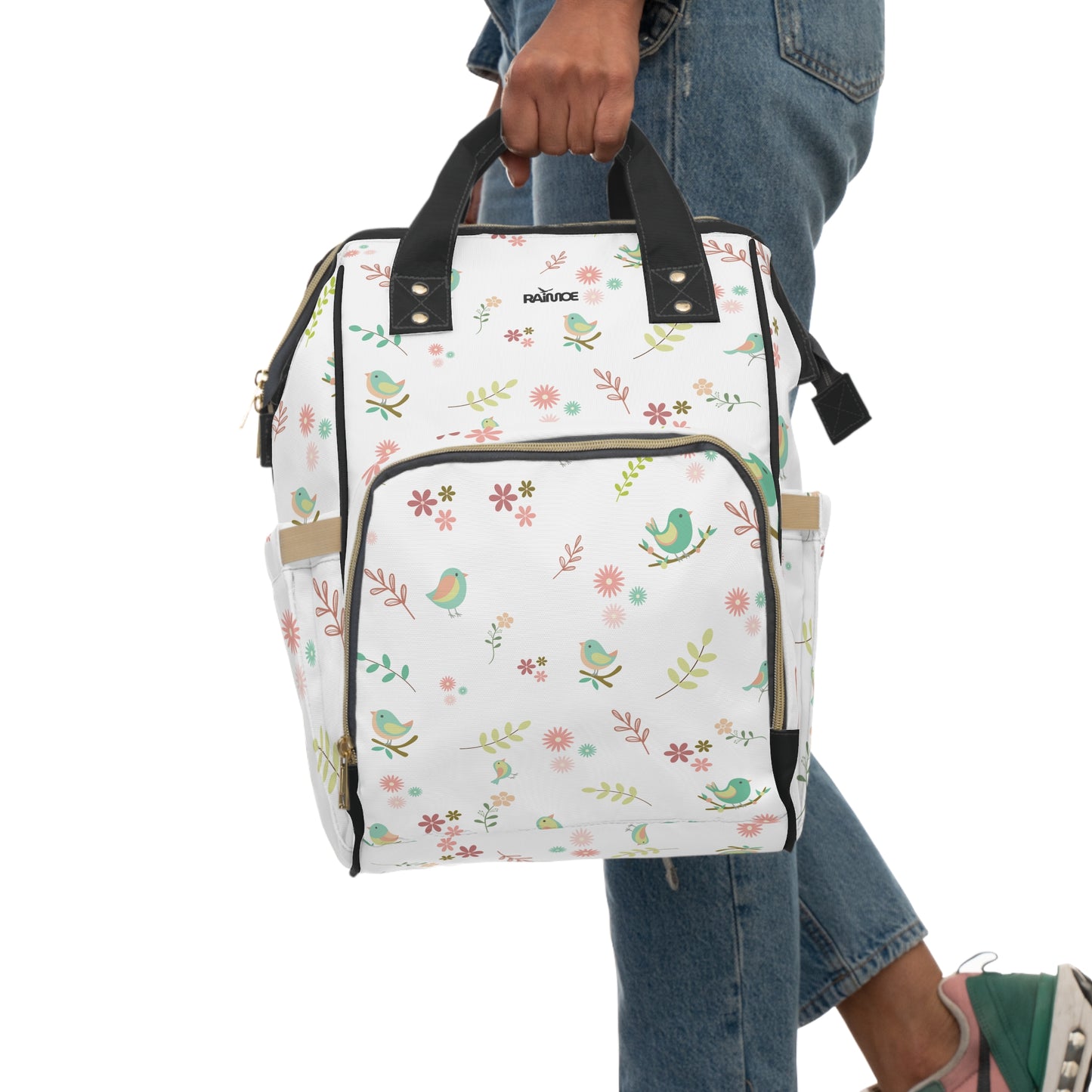 Pastel Bird Diaper Backpack - Black Strap