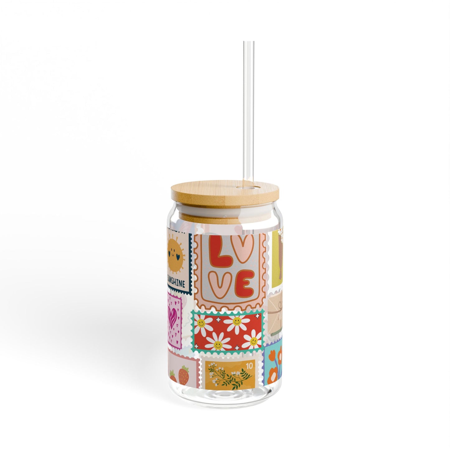 Cute Stamp Design Sipper Glass Cup with Lid - 16 oz
