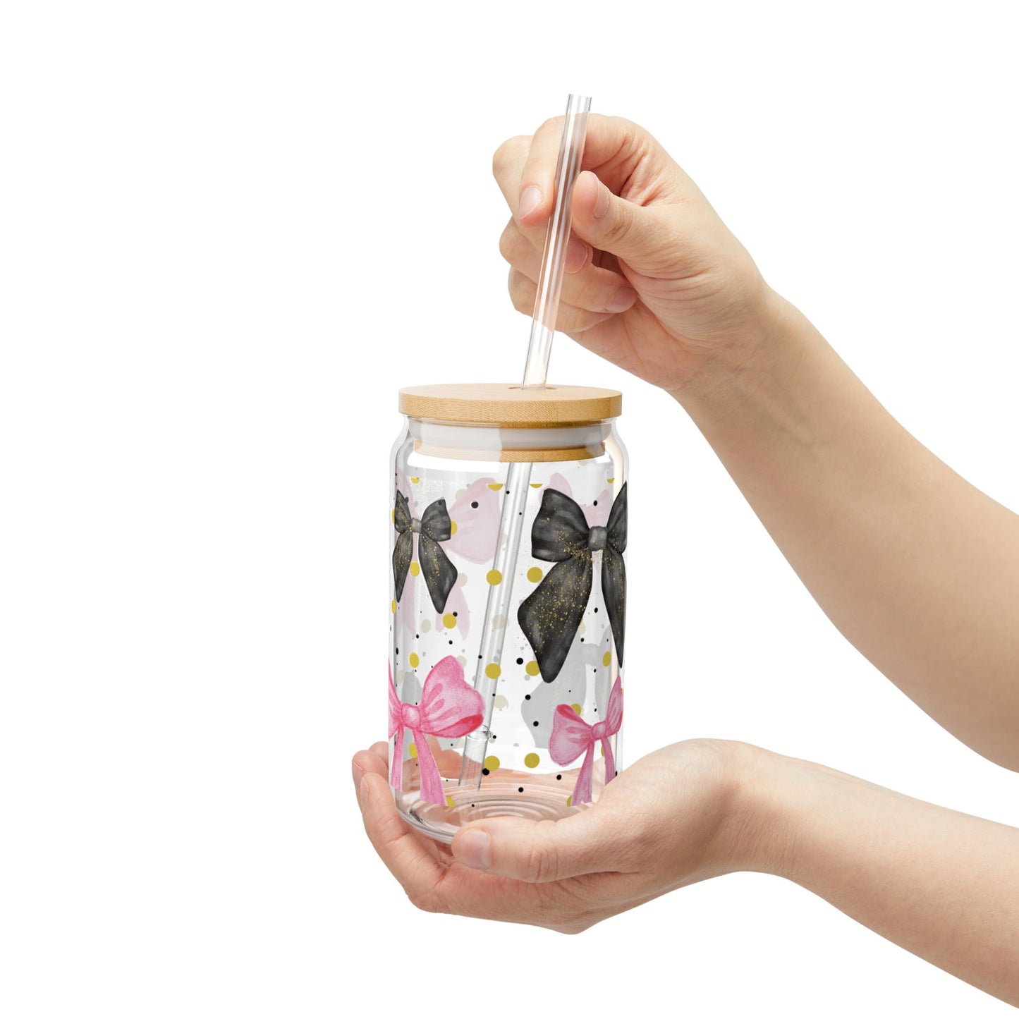 Pink Black Bow Sipper Glass Cup with Lid - 16oz