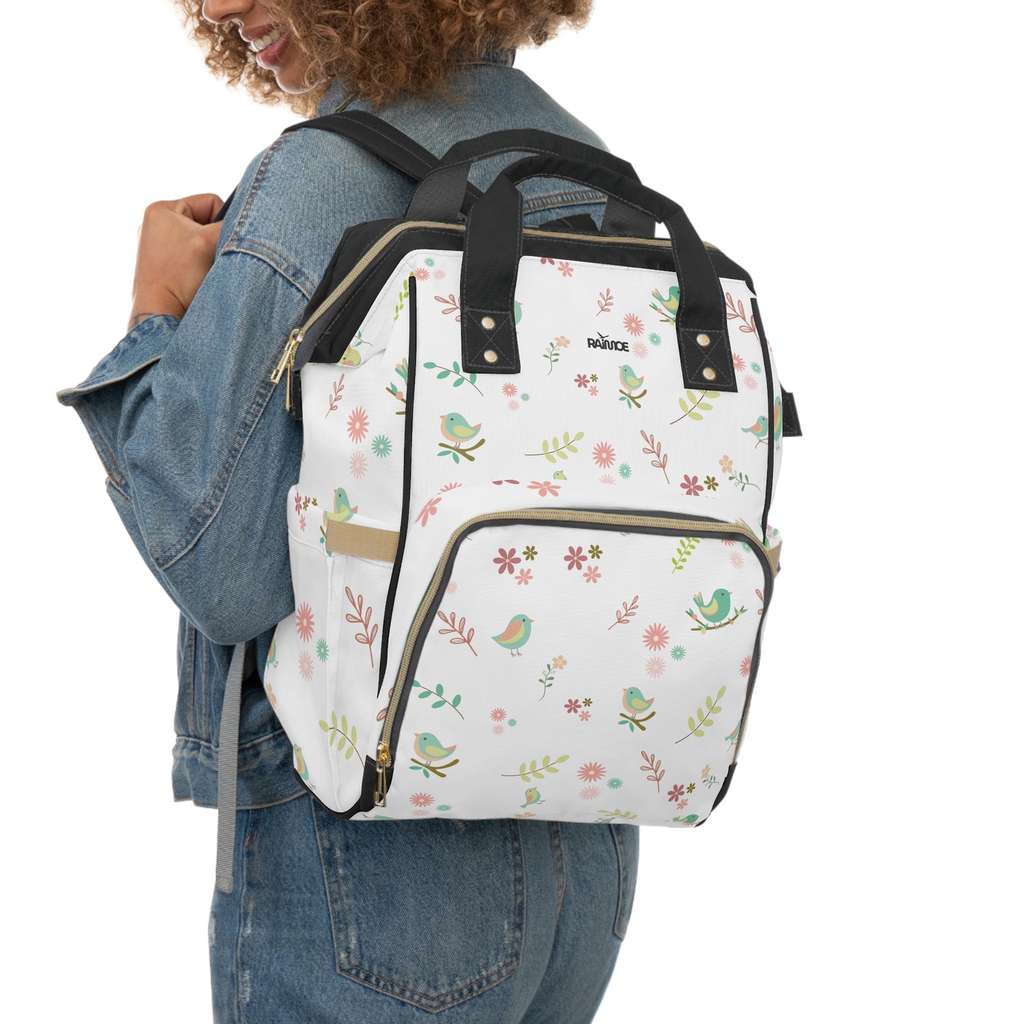 Pastel Bird Diaper Backpack - Black Strap