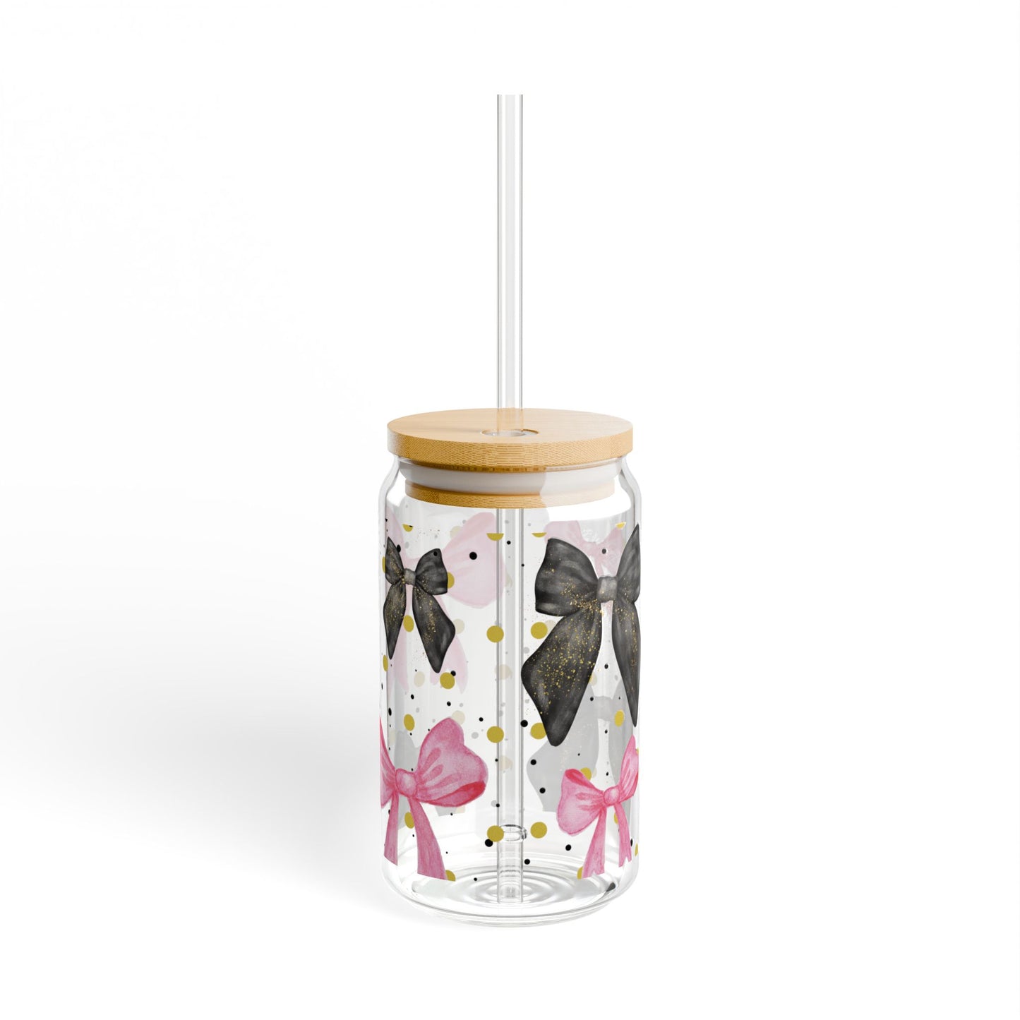 Pink Black Bow Sipper Glass Cup with Lid - 16oz