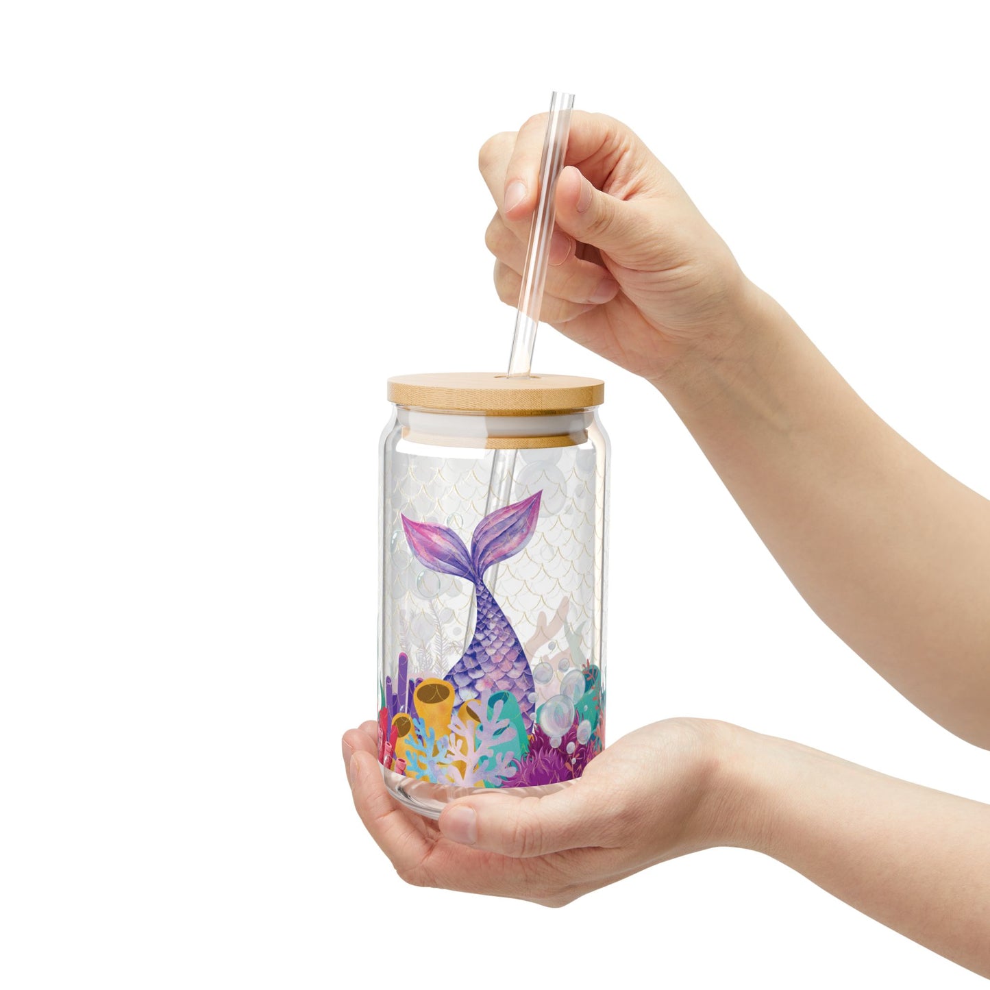 Mermaid Sipper Glass Cup with Lid - 16oz