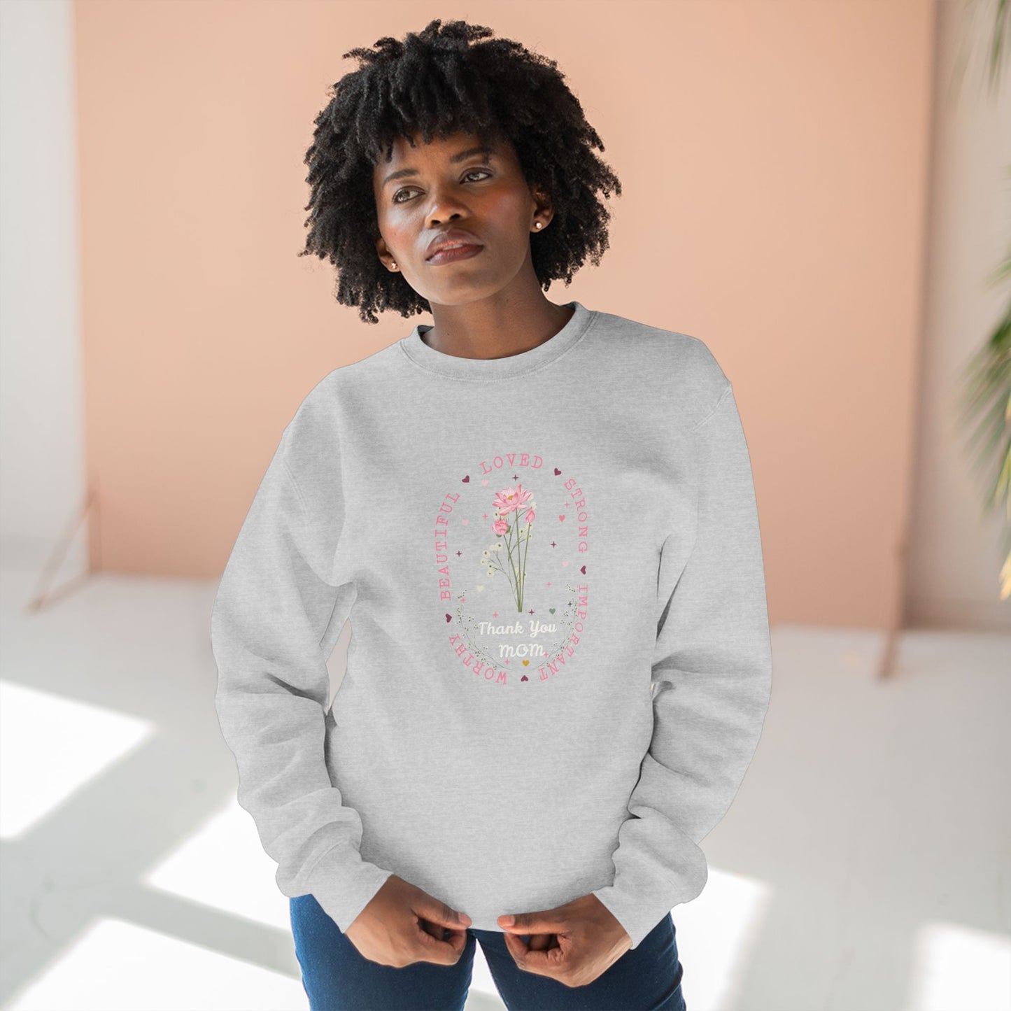 Mom Strength and Pink Flower Crewneck Sweatshirt