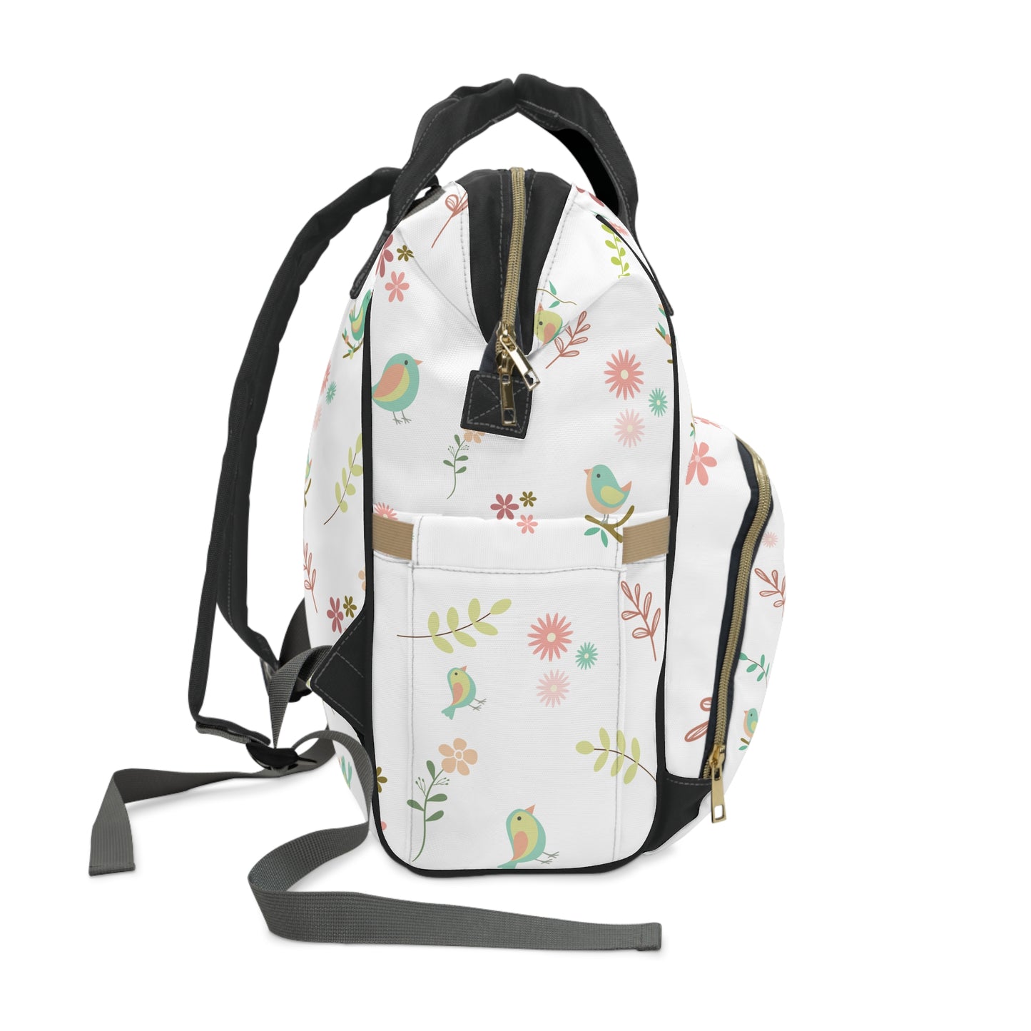Pastel Bird Diaper Backpack - Black Strap