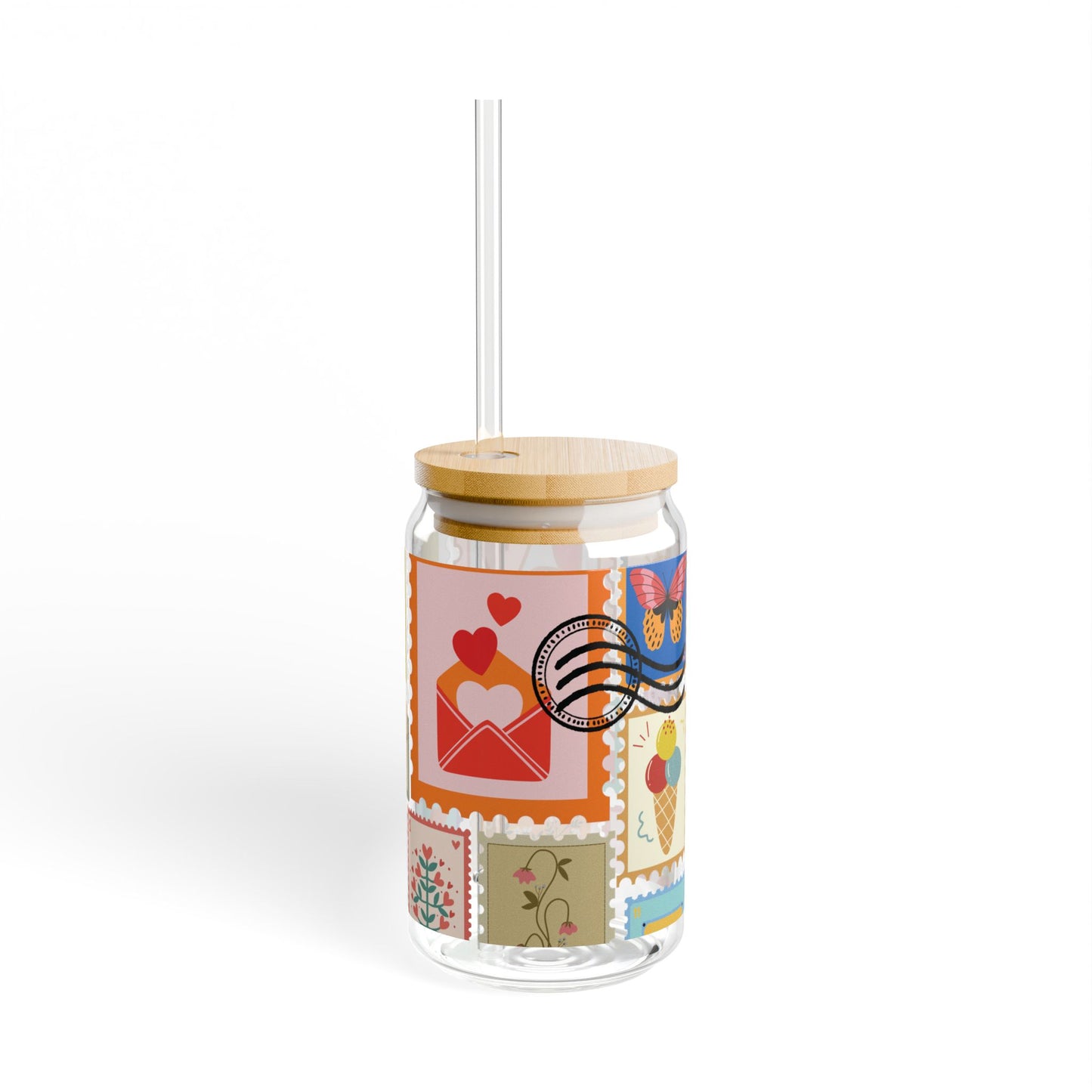 Cute Stamp Design Sipper Glass Cup with Lid - 16 oz
