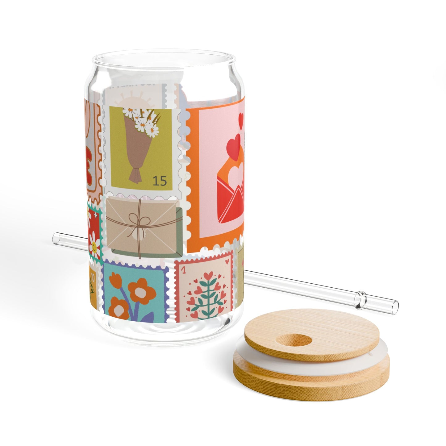 Cute Stamp Design Sipper Glass Cup with Lid - 16 oz