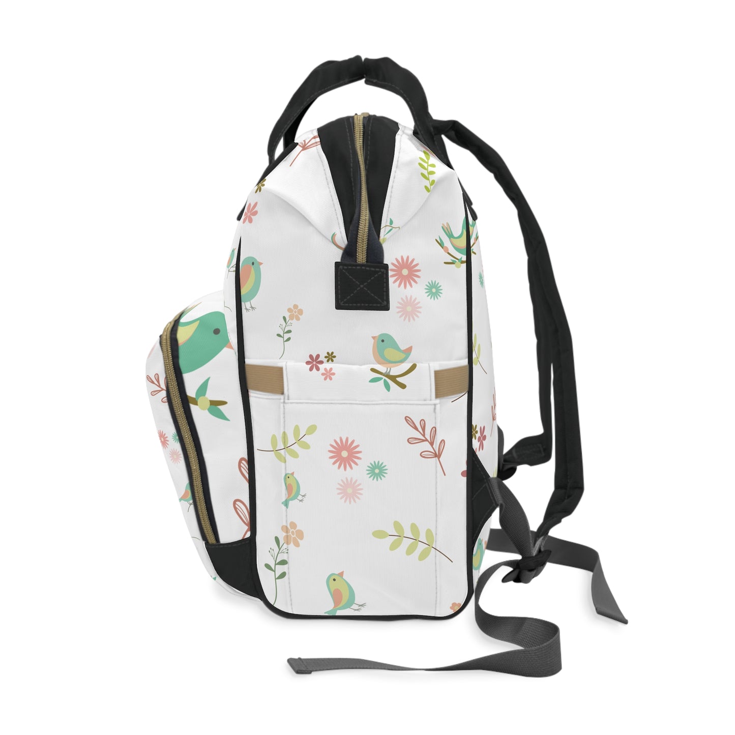 Pastel Bird Diaper Backpack - Black Strap