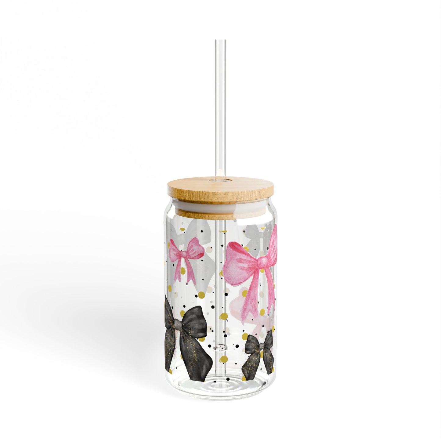 Pink Black Bow Sipper Glass Cup with Lid - 16oz