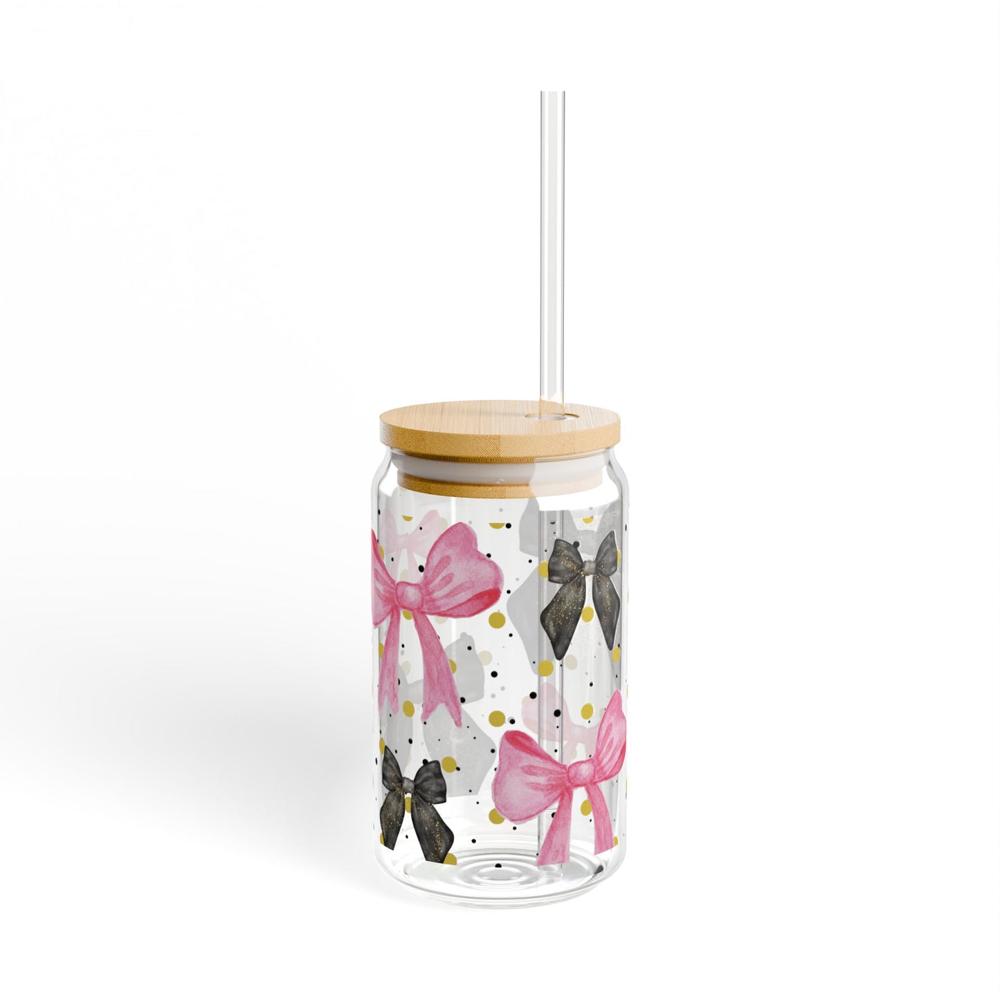 Pink Black Bow Sipper Glass Cup with Lid - 16oz