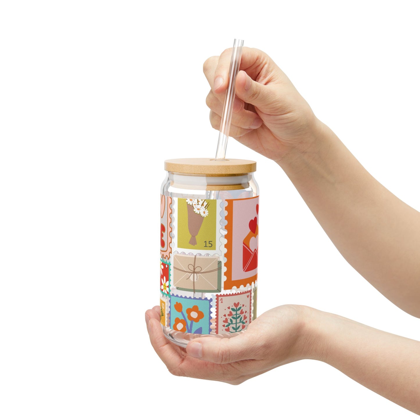 Cute Stamp Design Sipper Glass Cup with Lid - 16 oz