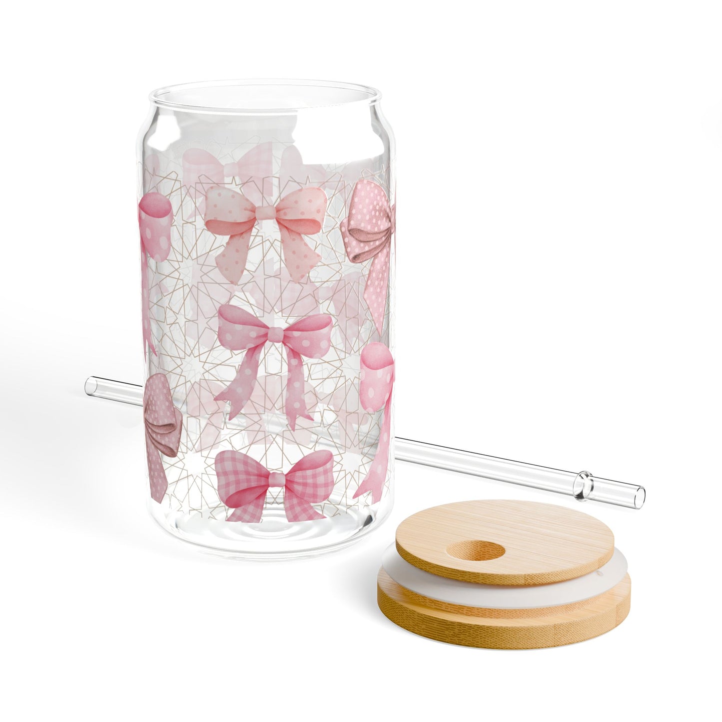Pink Bow Sipper Glass Cup with Lid - 16oz