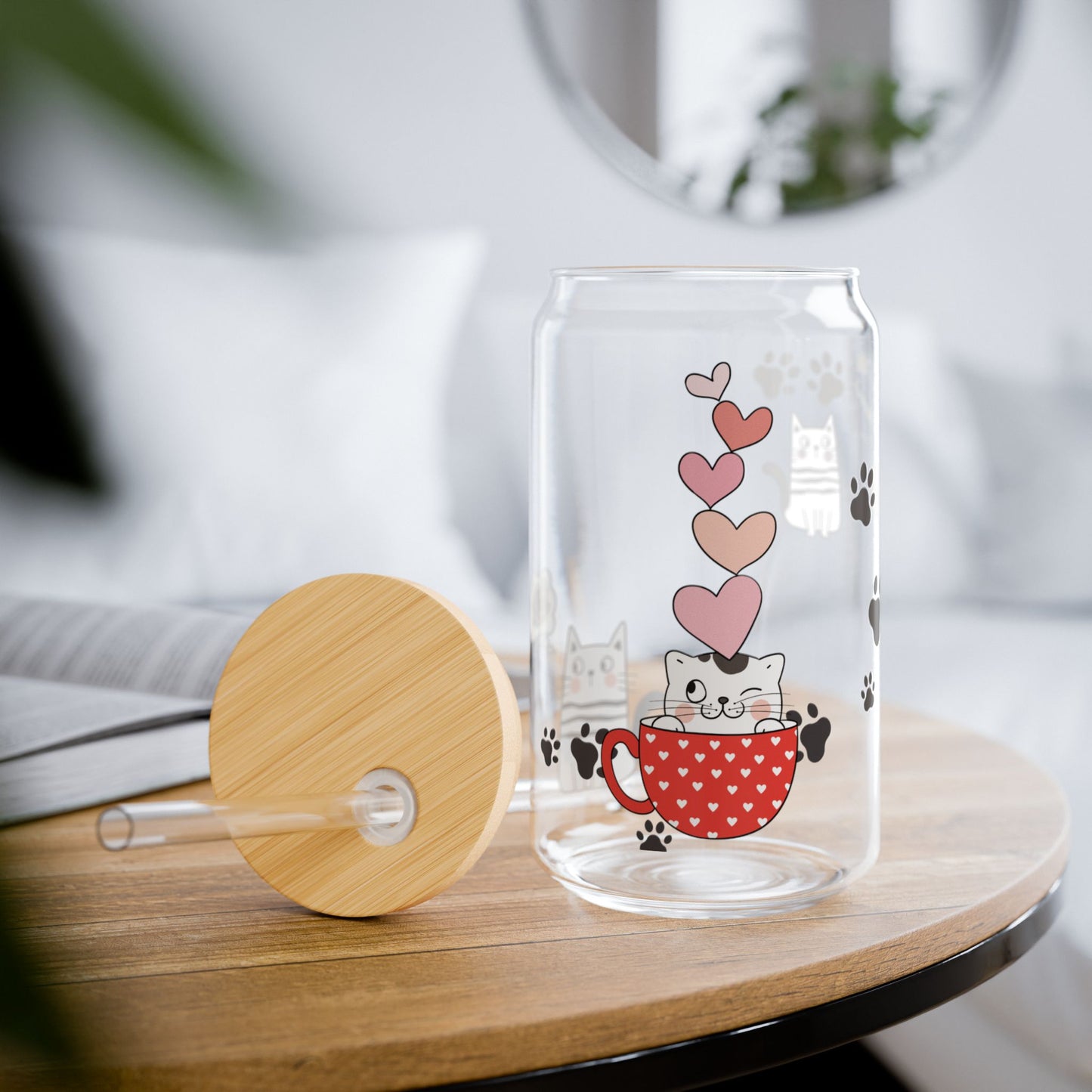 Cat in A Cup Sipper Glass Cup with Lid - 16oz