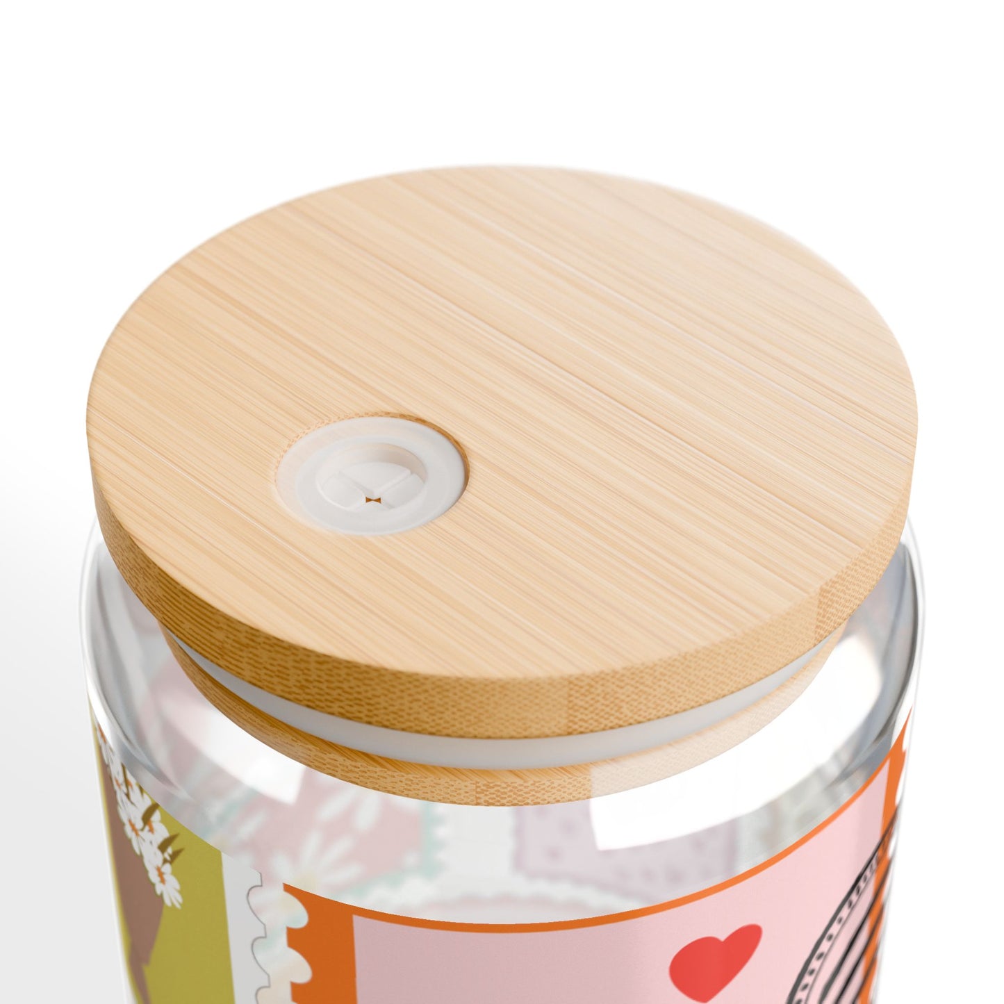 Cute Stamp Design Sipper Glass Cup with Lid - 16 oz