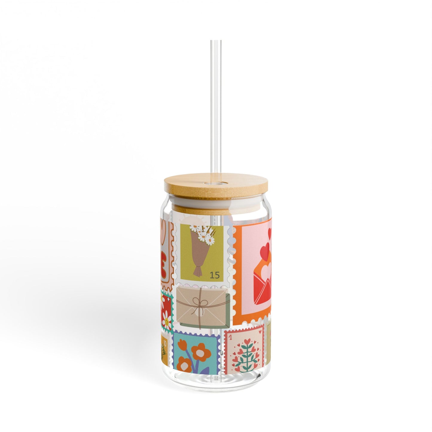Cute Stamp Design Sipper Glass Cup with Lid - 16 oz