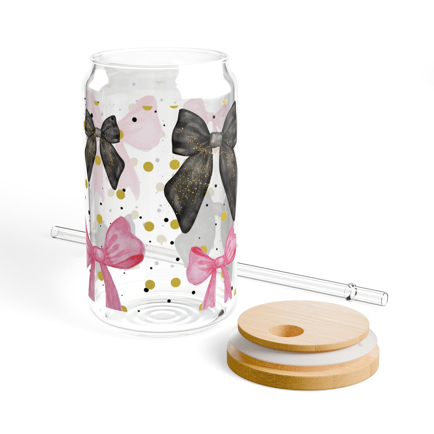 Pink Black Bow Sipper Glass Cup with Lid - 16oz