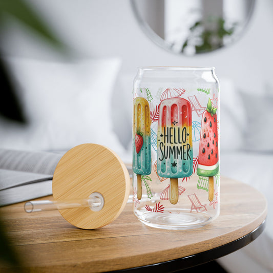 Hello Summer Sipper Glass Cup with Lid - 16 oz