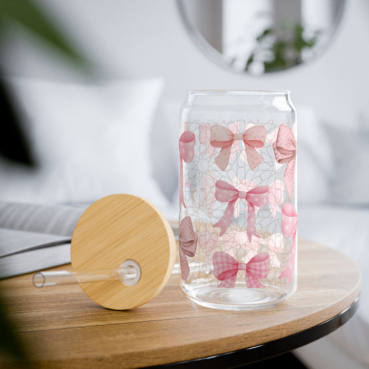 Pink Bow Sipper Glass Cup with Lid - 16oz