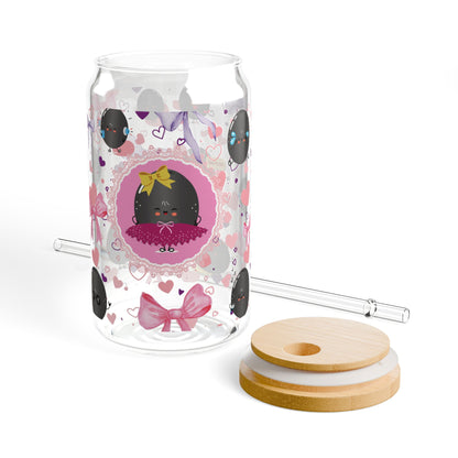 Cute Ballerina Olive Sipper Glass Cup with Lid - 16oz