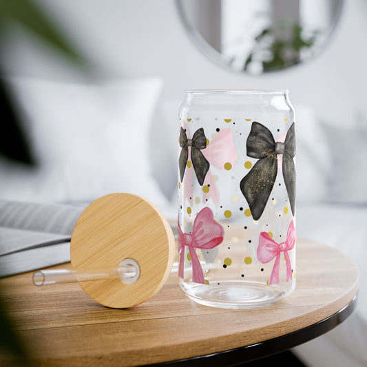 Pink Black Bow Sipper Glass Cup with Lid - 16oz
