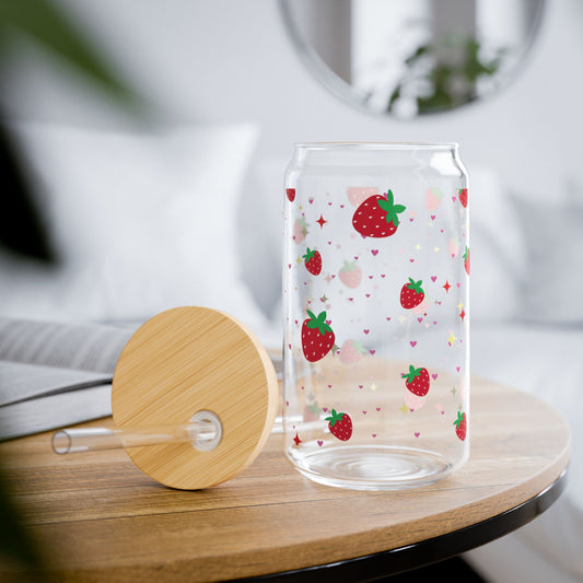 Strawberry Sipper Glass Cup with Lid - 16oz