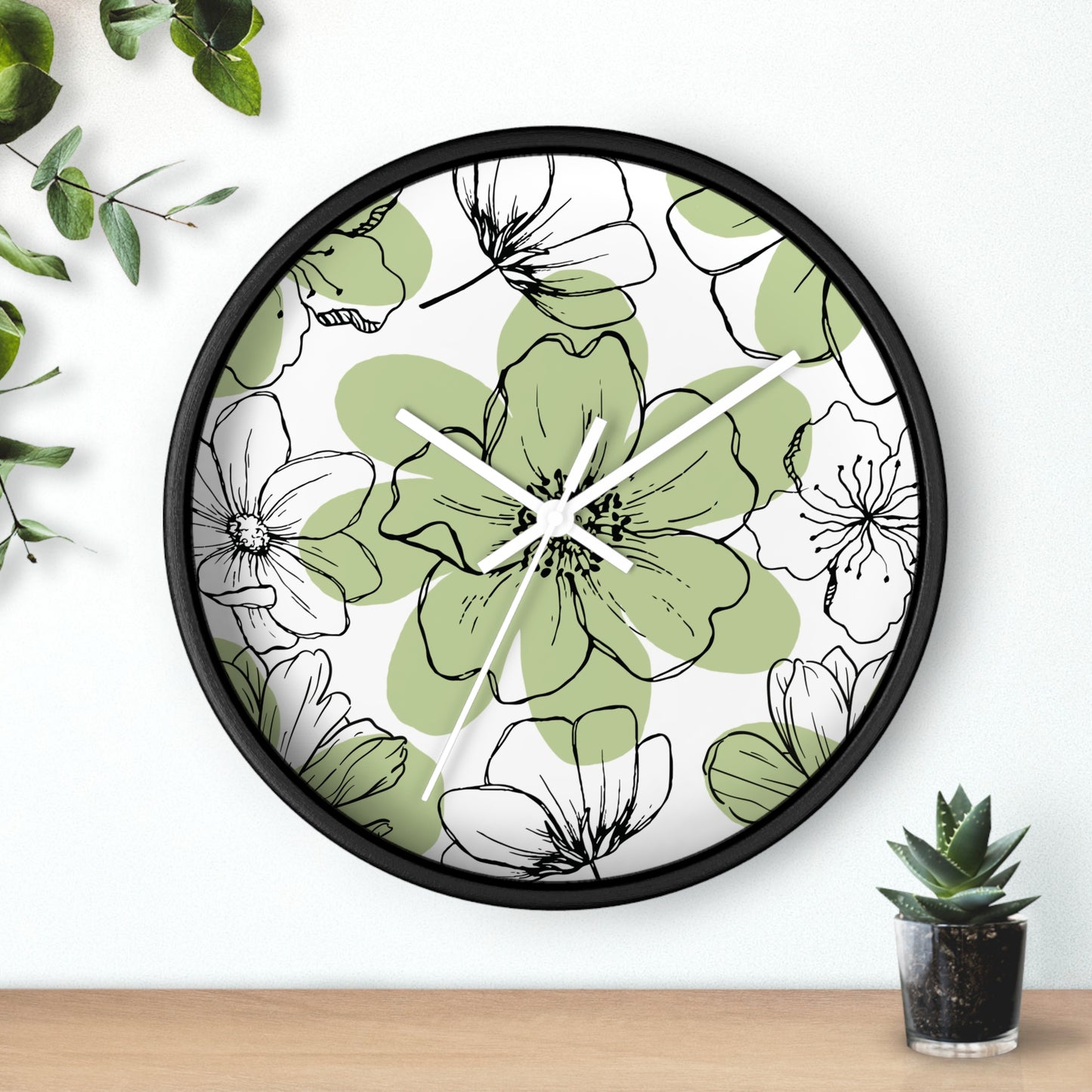 Green Flower Sketch Wall Clock