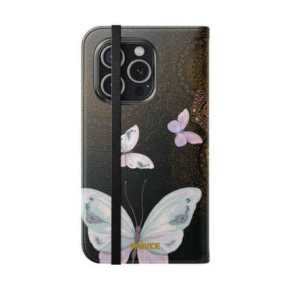Funda con tapa para iPhone con diseño de mariposa espiral