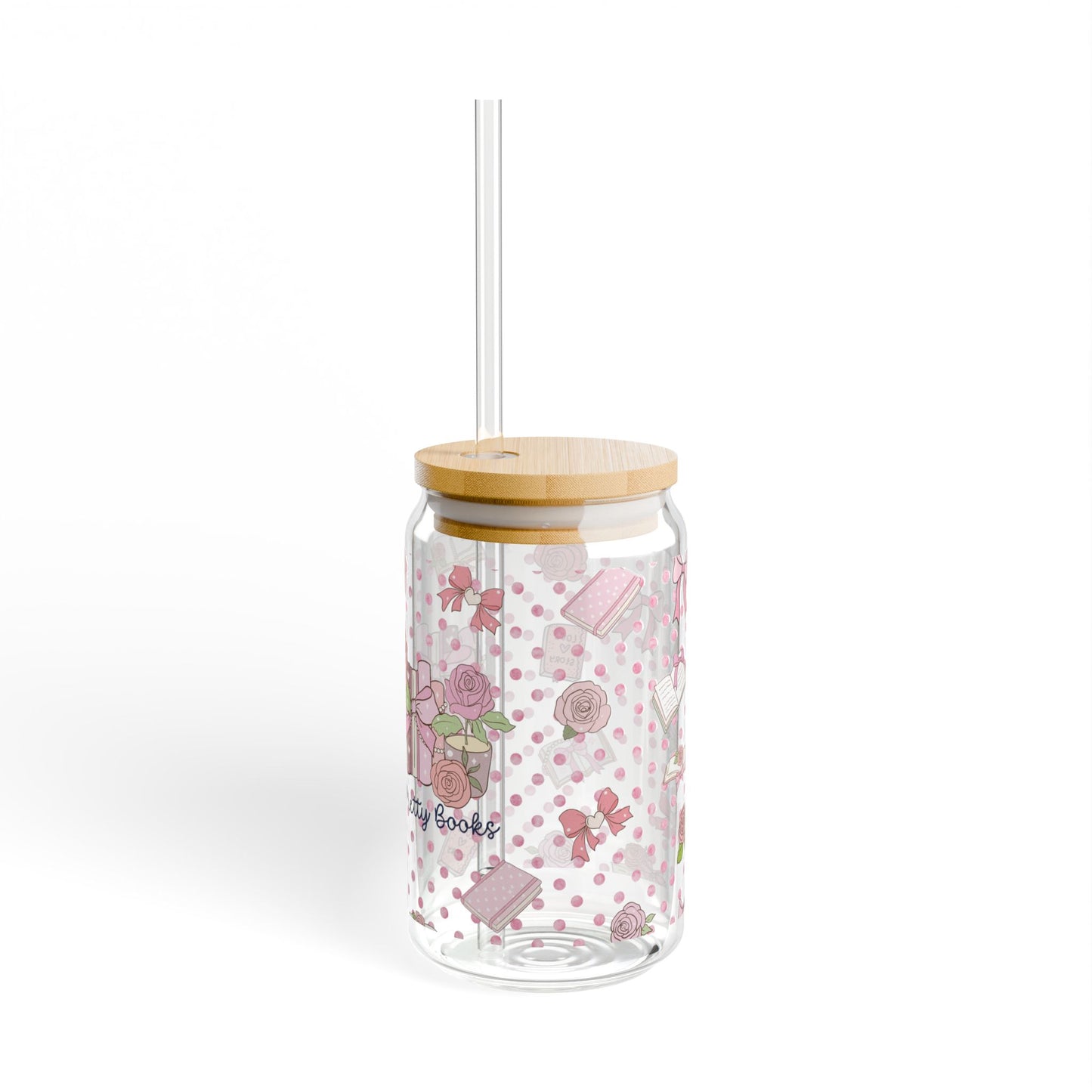 Cute Pink Books with Rose Sipper Glass Cup with Lid - 16 oz