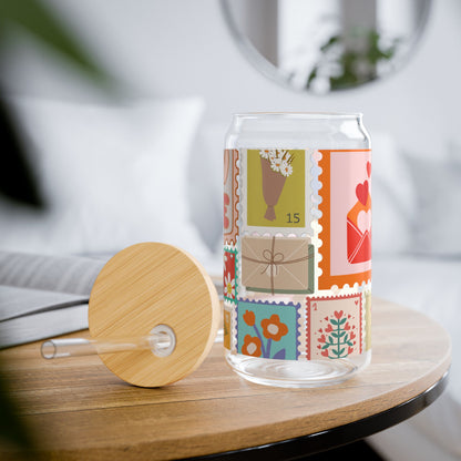 Cute Stamp Design Sipper Glass Cup with Lid - 16 oz