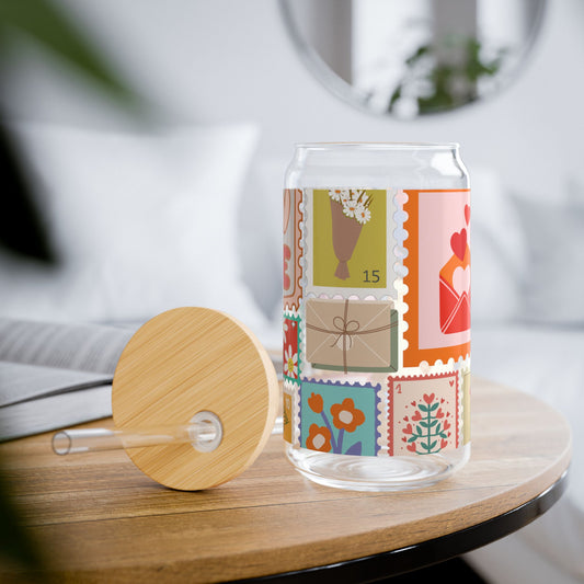Cute Stamp Design Sipper Glass Cup with Lid - 16 oz