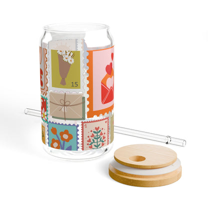 Cute Stamp Design Sipper Glass Cup with Lid - 16 oz