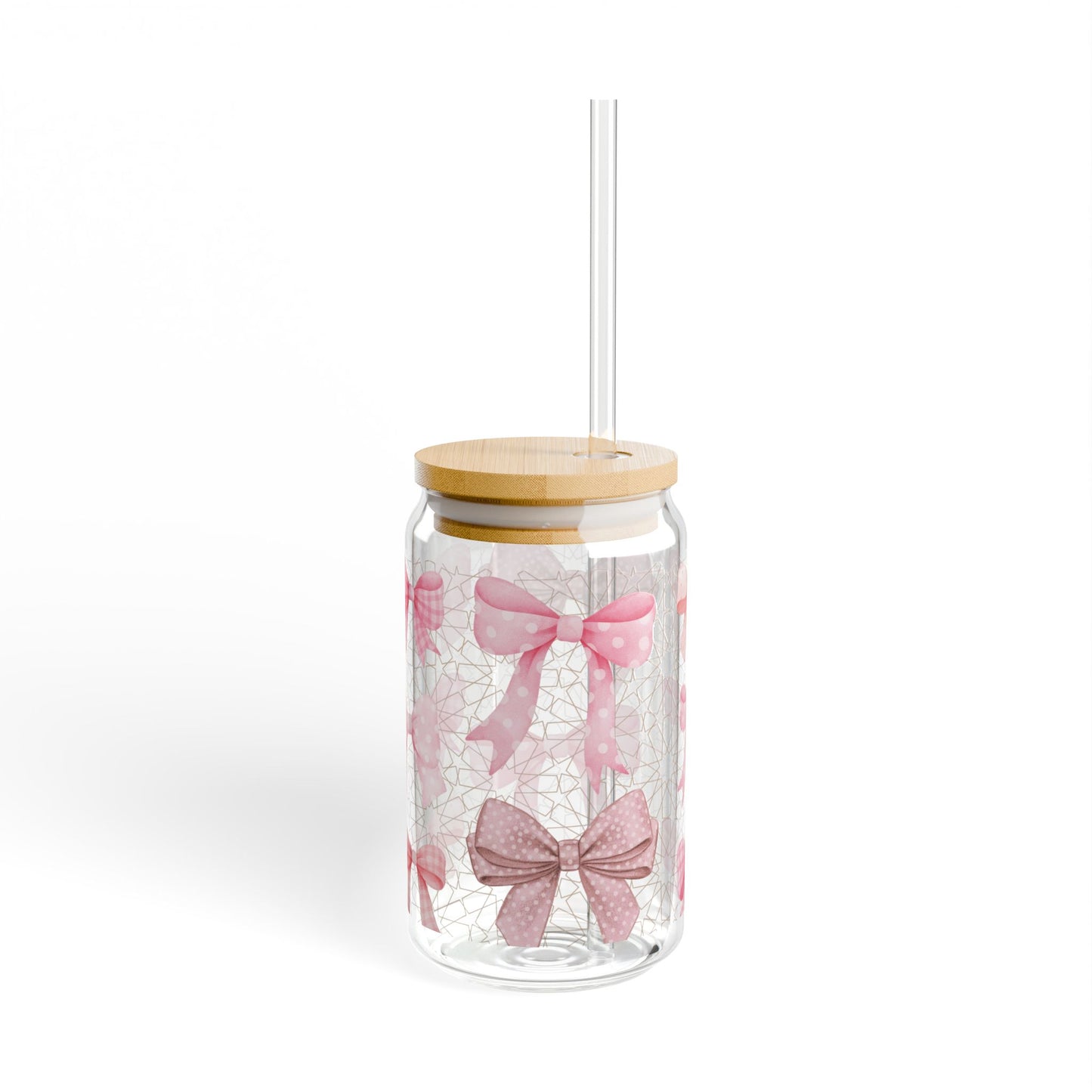 Pink Bow Sipper Glass Cup with Lid - 16oz