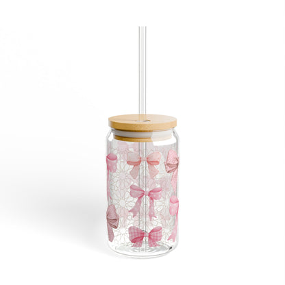 Pink Bow Sipper Glass Cup with Lid - 16oz