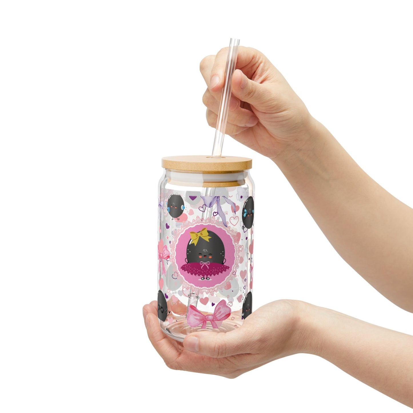 Cute Ballerina Olive Sipper Glass Cup with Lid - 16oz