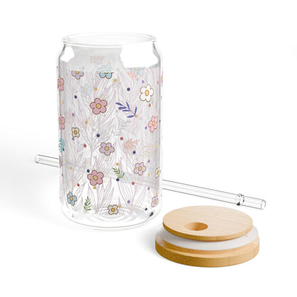Pastel Floral Sipper Glass Cup with Lid - 16oz
