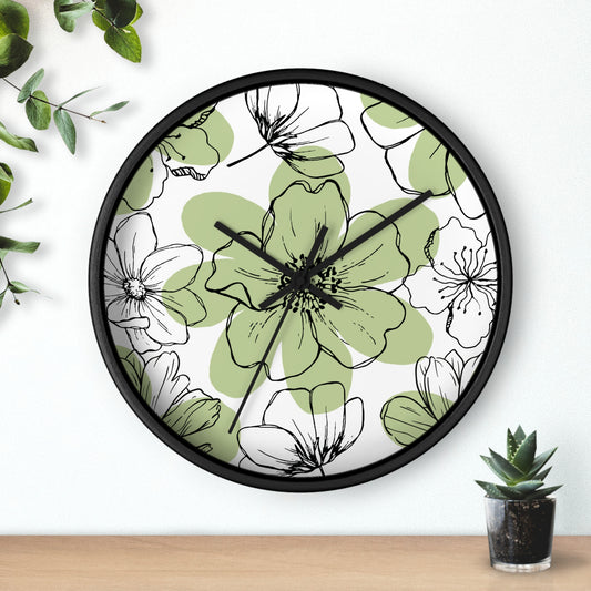 Green Flower Sketch Wall Clock