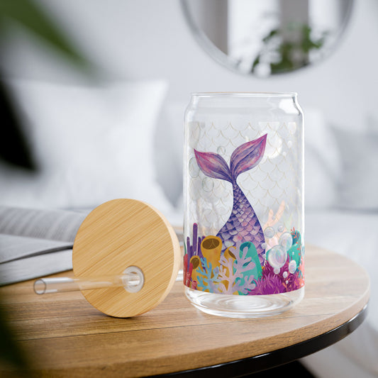 Mermaid Sipper Glass Cup with Lid - 16oz