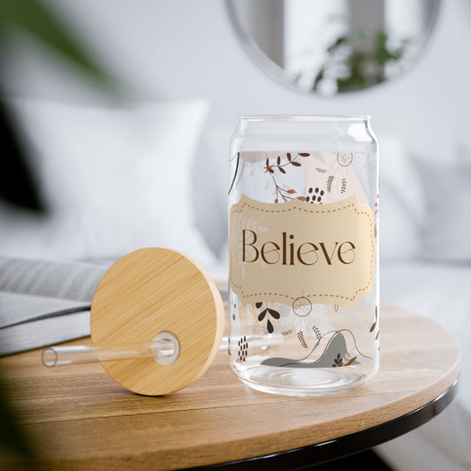 Believe Sipper Glass Cup with Lid - 16oz