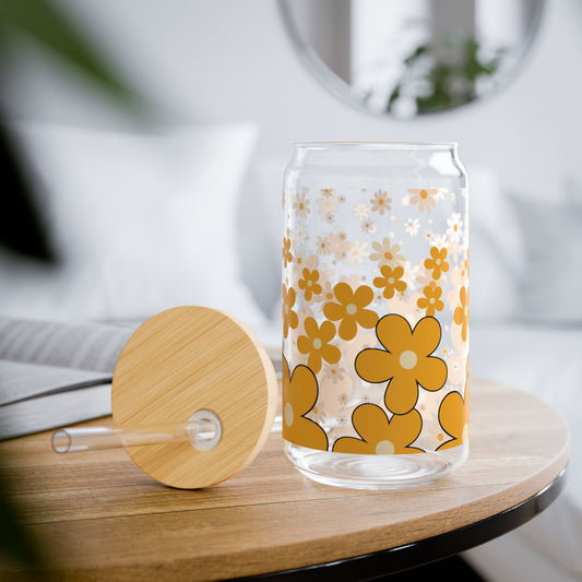 Orange Daisies Sipper Glass Cup with Lid - 16 oz