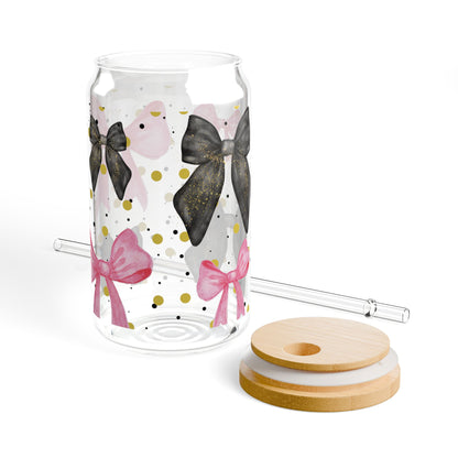 Pink Black Bow Sipper Glass Cup with Lid - 16oz