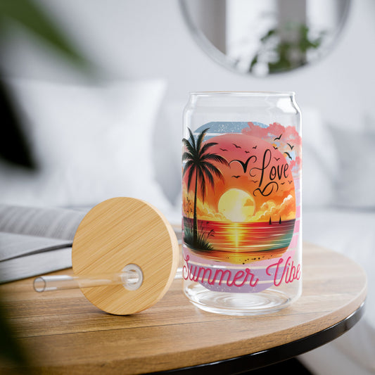 Summer Vibe Sipper Glass Cup with Lid - 16 oz